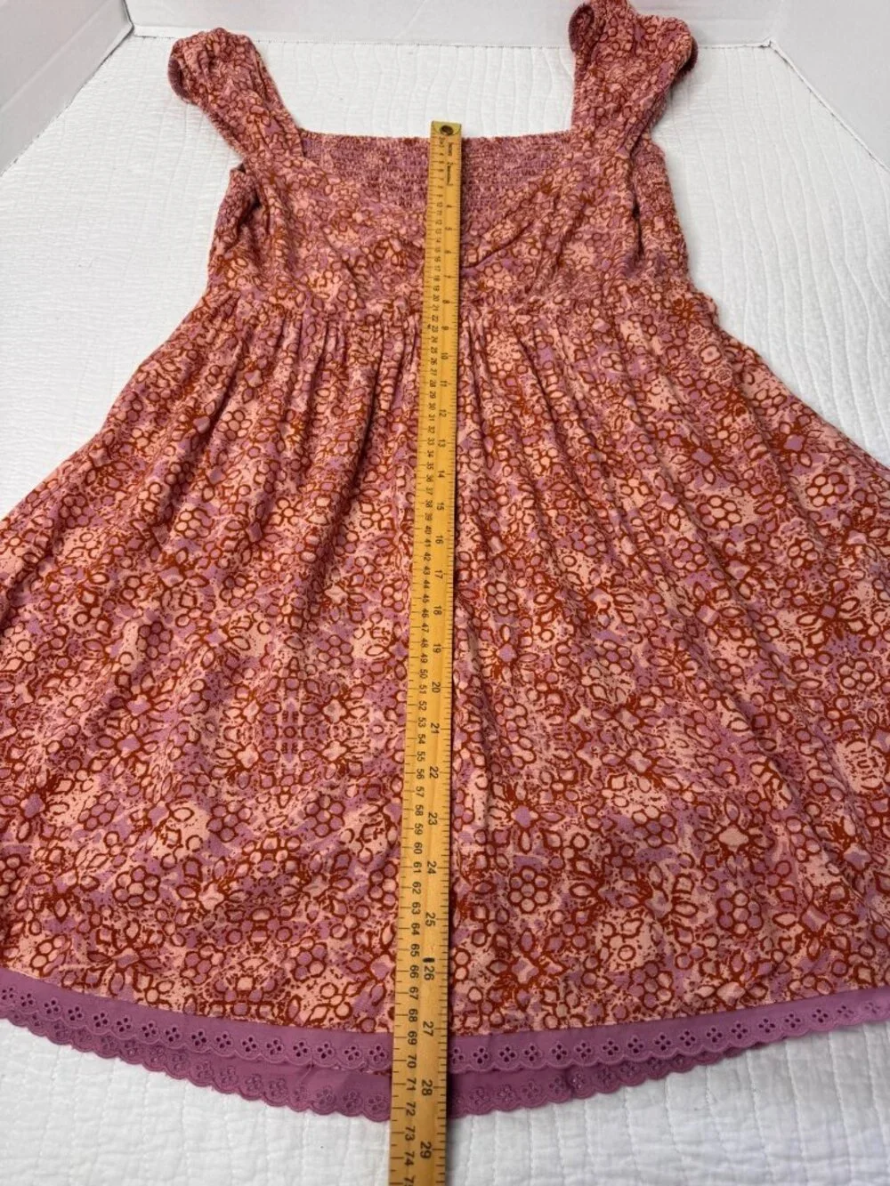 Free People Tabitha Babydoll Mini Dress Orange Pink SZ L Smocked Back Pockets - Picture 8 of 10